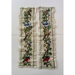Pair of Vintage Embroidered Bird Panels Perched on Branches